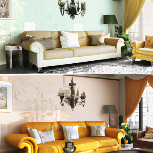 תמונת לפני ואחרי המציגה סלון שהשתנה על ידי כיסוי ספה התואם בצורה מושלמת את סגנון הבית.