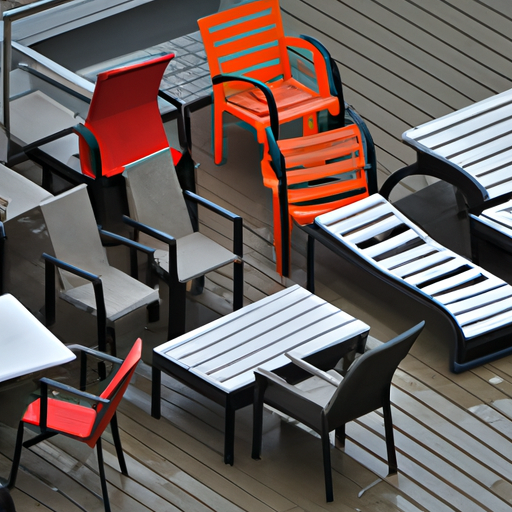 תמונה המציגה מערך של ריהוט חוץ ללא כיסויים, החשופים לתנאי מזג אוויר קשים