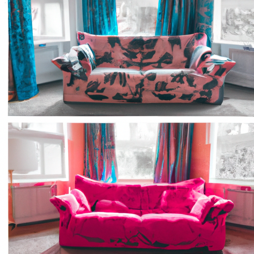 1. תמונת לפני ואחרי של סלון, המציגה את השינוי שהביא כיסוי ספה תוסס.